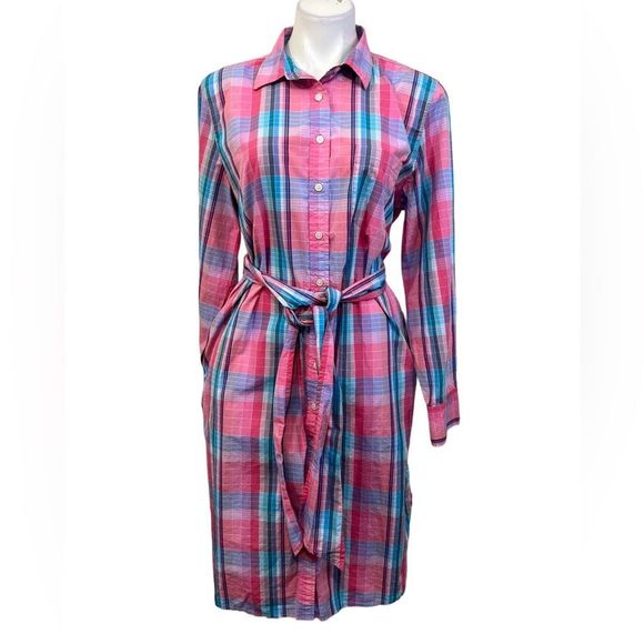 J CREW Classic Fit Crisp Cotton Poplin Shirtdress Pink Blue Plaid plus size 14 - Picture 2 of 7